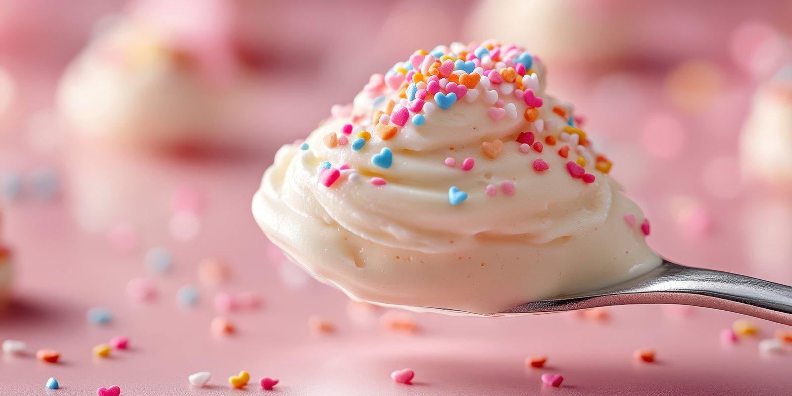 Delicious frosting topped with colorful sprinkles on a spoon against a pink background during a baking celebration